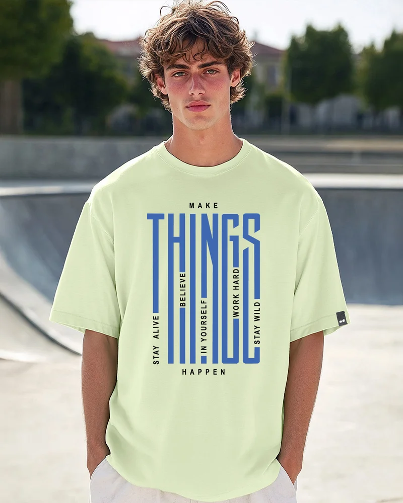 بيواكوف Men's Fog Green Things Typography Oversized T-shirt